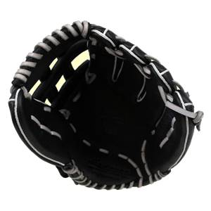Top-down view of a black baseball glove with white stitching and a textured palm.