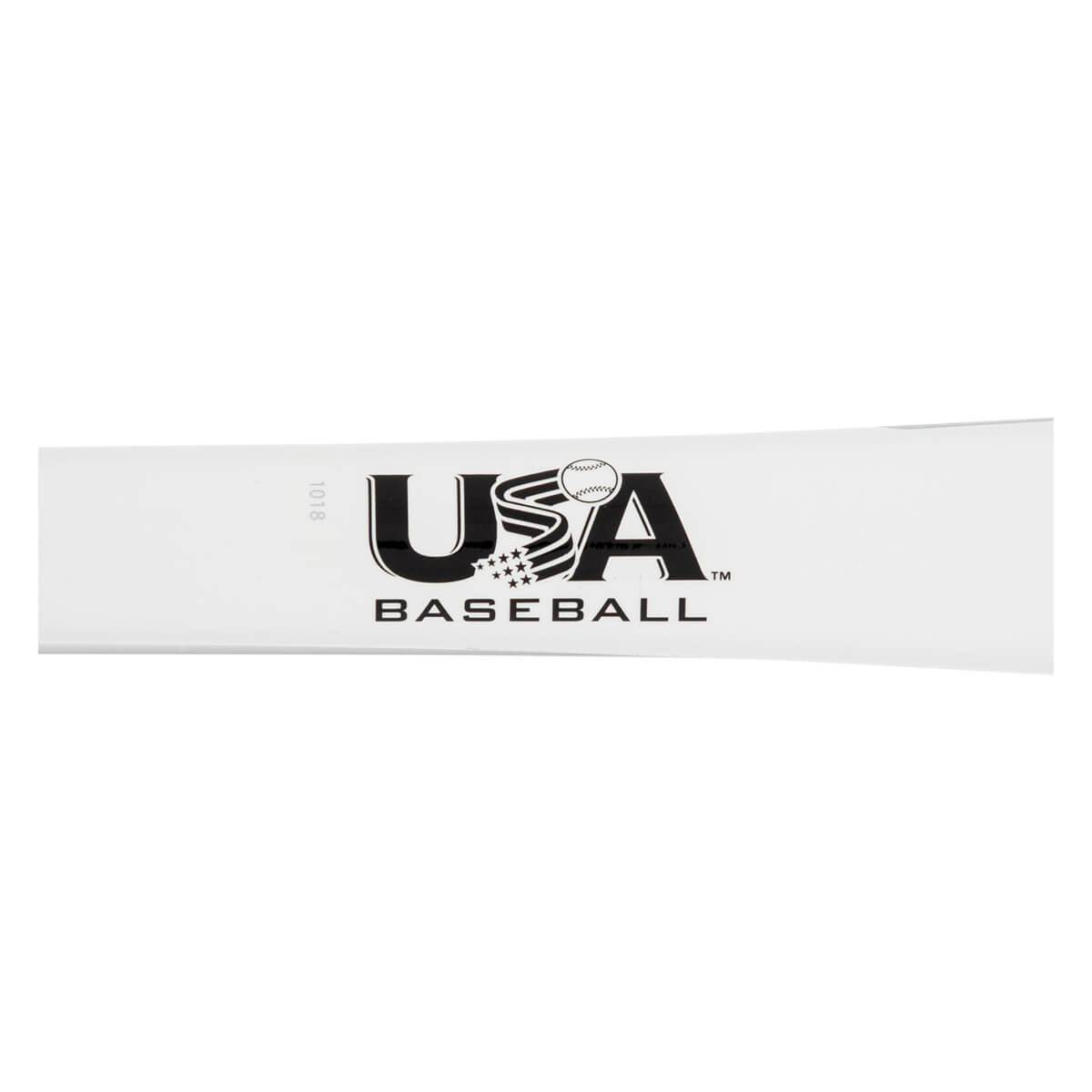 Close-up of a white baseball bat with USA BASEBALL logo and a small 1018 marking.