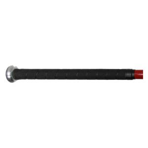 Side view of a red baseball bat with a black textured grip and silver end cap.