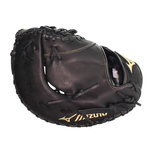 Top-down view of a black baseball mitt with gold stitching and Mizuno branding.