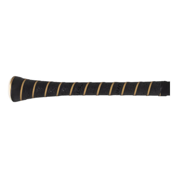 Close-up side view of a black bat grip with perforated texture, gold diagonal stripes, and WARSTIC text.