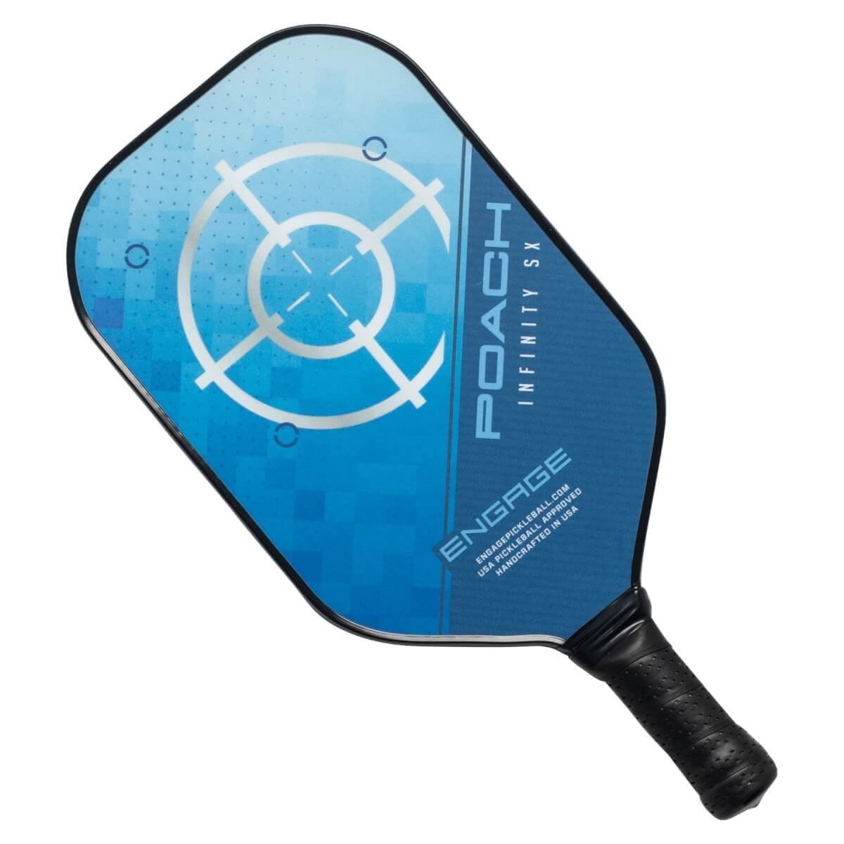 Top-down view of a blue pickleball paddle with a target design, POACH INFINITY SX, and ENGAGE text.