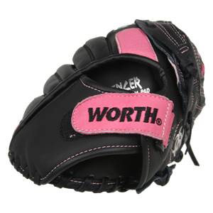 Side view of a black youth baseball glove with pink accents and WORTH logo.