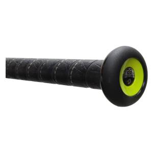 Side view of a black baseball bat with a textured grip and a neon yellow end cap showing 29.