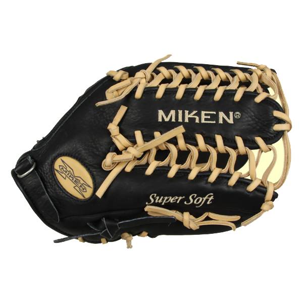 Top-down view of a black baseball glove with tan lacing, MIKEN logo, and Super Soft text.