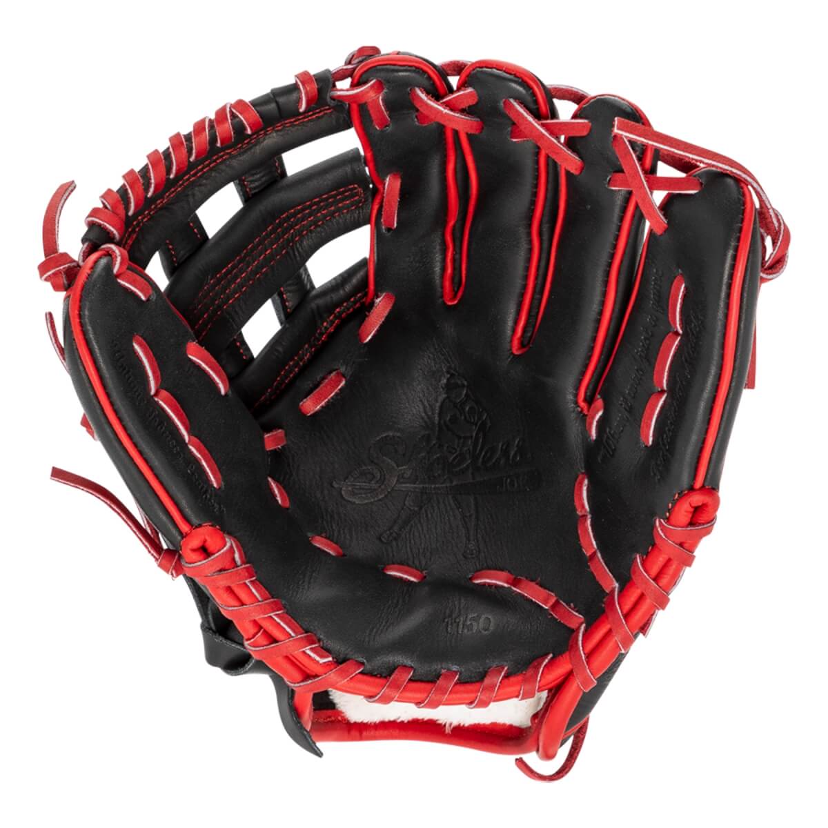 Front view of a black baseball glove with red lacing, Shoeless Joe logo, and white wrist padding.