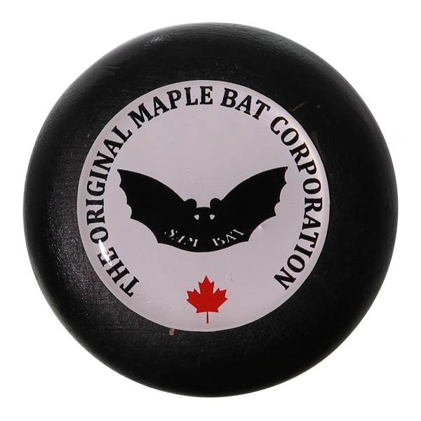 End view of a black baseball bat with THE ORIGINAL MAPLE BAT CORPORATION text, a bat silhouette, and a maple leaf.