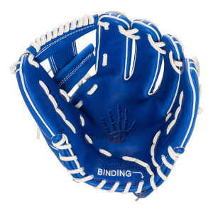 Front view of a royal blue baseball glove with white laces, featuring a skeleton hand logo and "Nightshift BINDING" text on the palm.