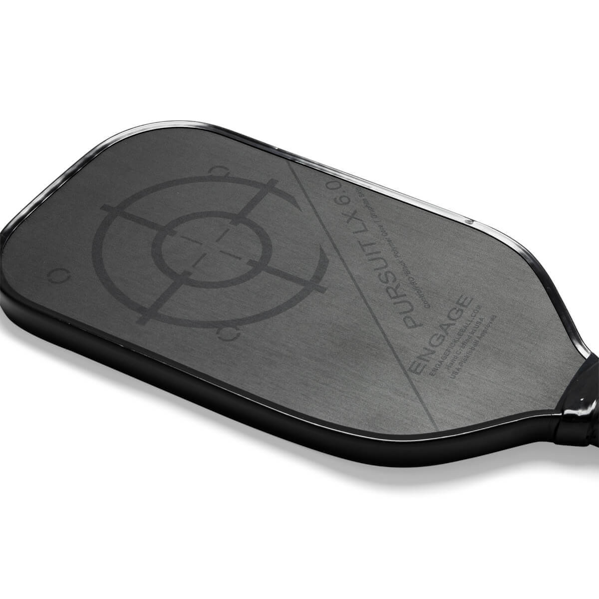 Top-down view of a black pickleball paddle with a target design and PURSUIT LX 6.0 text.