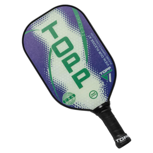 Top-down view of a white pickleball paddle with green TOPP text, purple accents, and USA MADE seal.