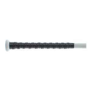 Side view of a white baseball bat with a black textured grip and white end cap.