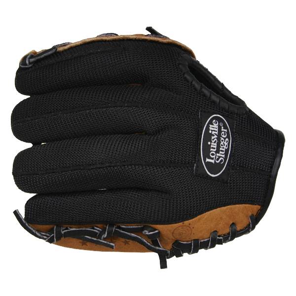 Side view of a black Louisville Slugger youth baseball glove with tan leather accents and white stitching.