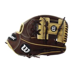 Side view of a brown baseball glove with tan lacing and Wilson branding.