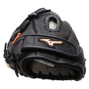 Front corner view of a black Mizuno glove with orange accents and a white Mizuno logo.