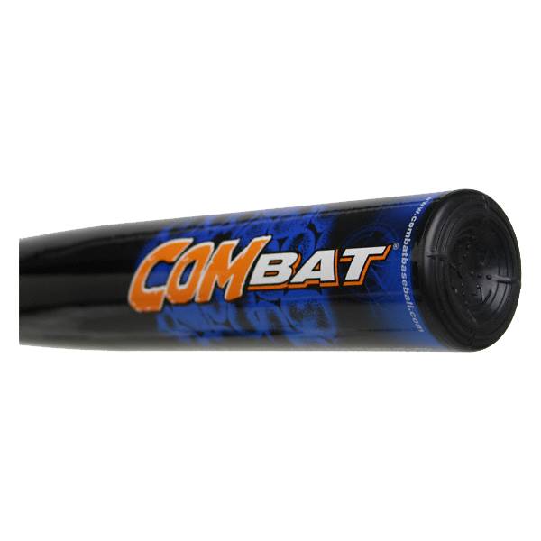 Side view of a black baseball bat with orange COMBAT logo and blue graphic design.