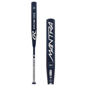 Full bat and barrel detail of a navy fastpitch softball bat with a grey grip and white MANTRA text.