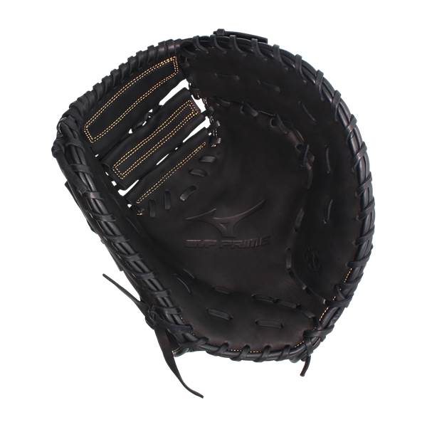 Interior view of a black baseball mitt with yellow stitching and MVP PRIME logo.