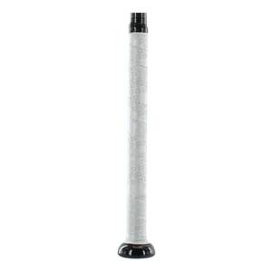 Side view of a black baseball bat with a white grip featuring a repeating pattern.