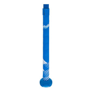 Close-up of a blue fastpitch softball bat grip with white stripes and Rawlings logo.