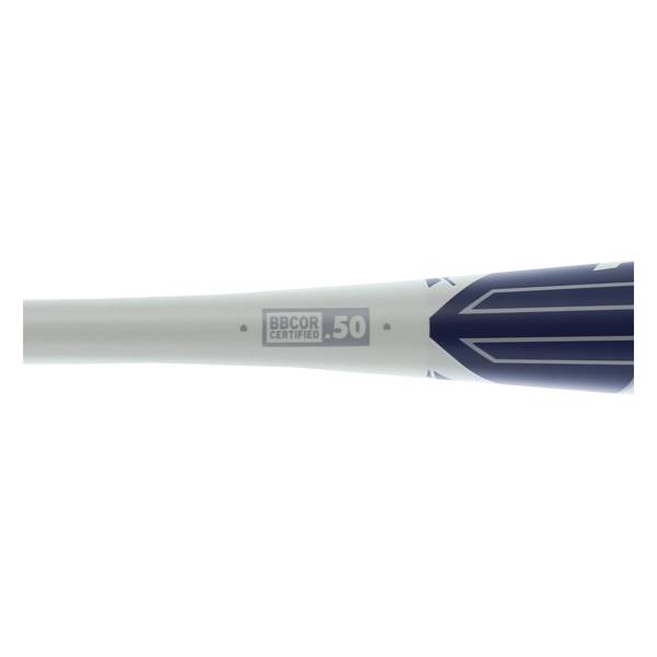 Side view of a white baseball bat with blue accents, BBCOR CERTIFIED, and 50 markings.