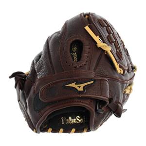 Corner view of a brown softball glove with gold Mizuno logo and Palm Soft text.