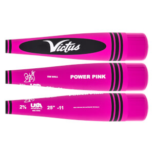 Top-down view of three pink tee ball bats with black accents and Victus branding.
