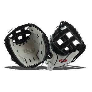 Top-down view of black and white catchers mitt with white stitching and a red Rawlings logo.