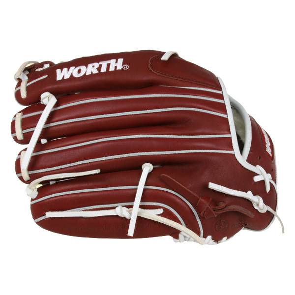 Side view of a maroon baseball glove with white stitching and WORTH logo.