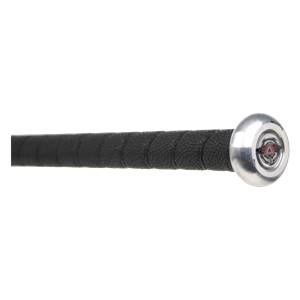 Side view of a black fastpitch softball bat with a textured grip and silver end cap with red logo.