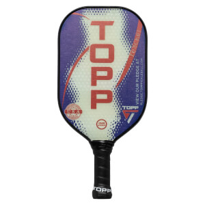 Front view of a white and purple pickleball paddle with red TOPP text, USA seal, and Reacher text.