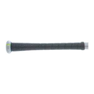 Side view of a silver baseball bat with a grey textured grip and a white end cap.