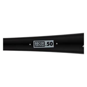 Side view of a black baseball bat with BBCOR CERTIFIED .50 text.