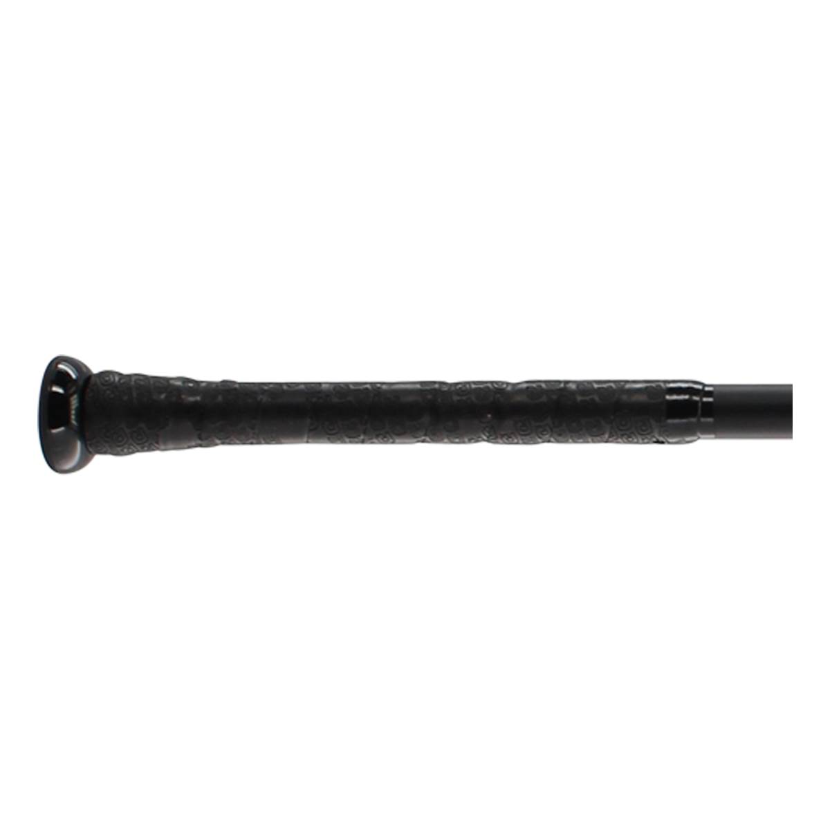 Side view of a black baseball bat with a textured grip and a rounded end cap.
