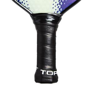Bottom view of a black pickleball paddle grip with white TOP text.