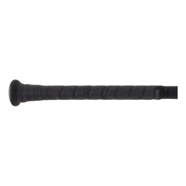 Close-up of a black baseball bat handle with a textured, wrapped grip featuring EASTON text and a knob.