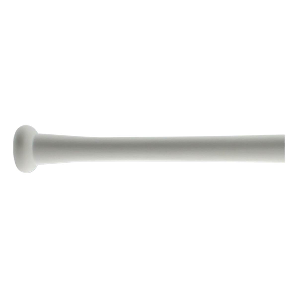 Side view of a white baseball bat with a rounded knob and tapered handle.