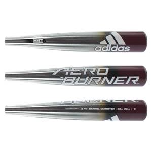 Side view of a red and silver baseball bat with Adidas and Aero Burner branding.