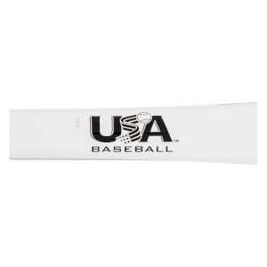 Close-up of a white baseball bat with USA BASEBALL logo and a small 1018 marking.
