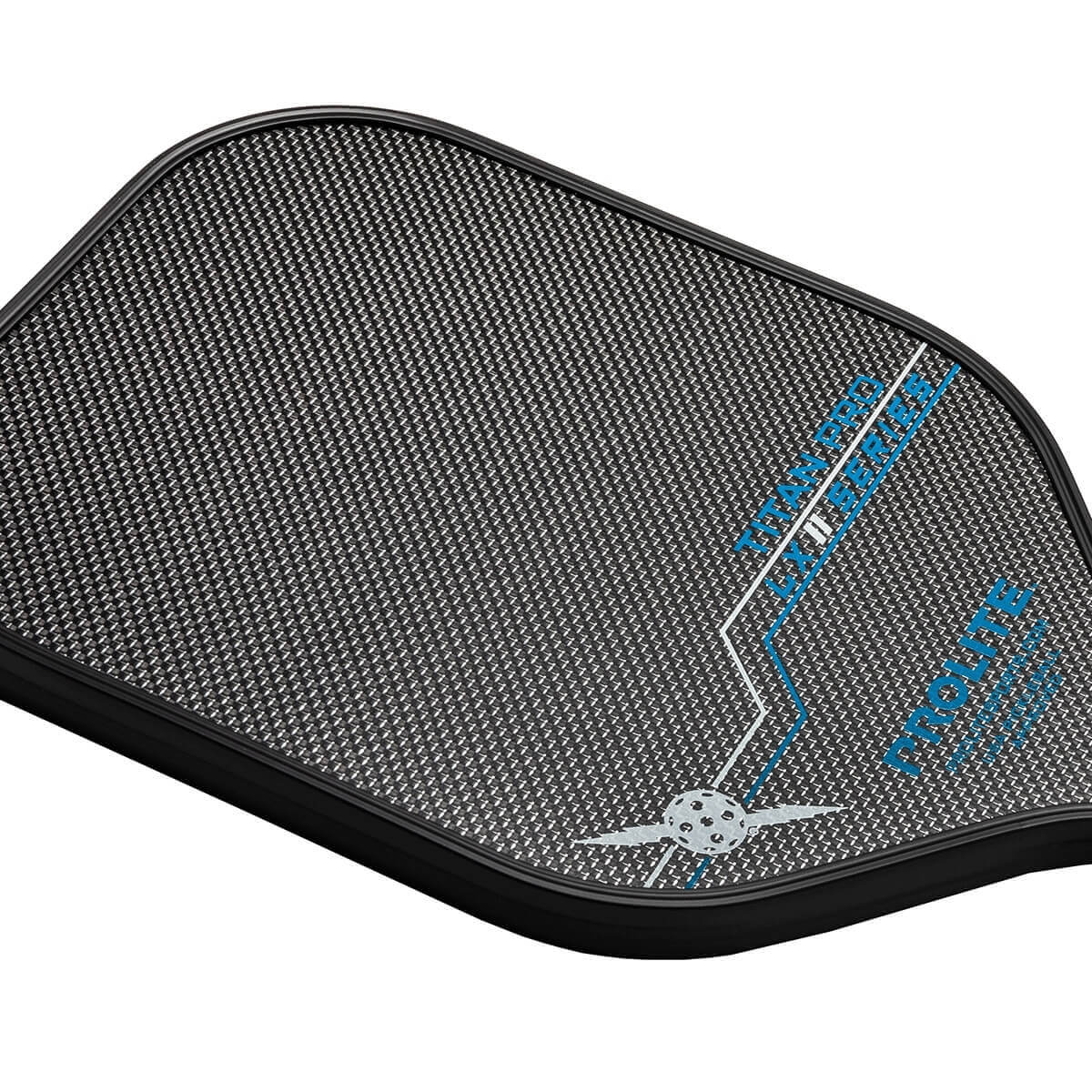 Corner view of a black pickleball paddle with a carbon fiber texture, blue TITAN PRO LX text, and a winged pickleball logo.