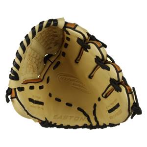 Top-down view of a tan Easton Synergy Fastpitch glove with black lacing and EASTON branding.