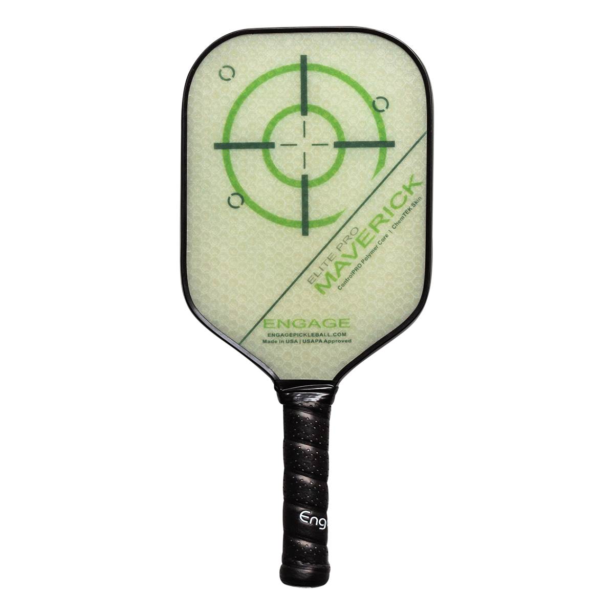 Front view of a light green pickleball paddle with a green target and Maverick text.