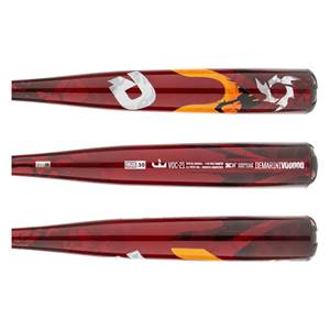 Top-down view of a red DeMarini Voodoo ONE baseball bat with white logo and orange graphic accents.