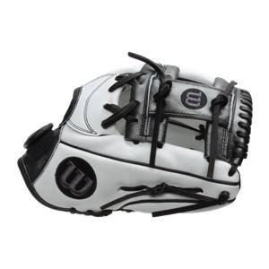 Side view of a white and black fastpitch glove with black laces and Wilson logos.