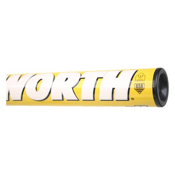 Side view of a yellow softball bat with white WORTH lettering and ASA certified logos.
