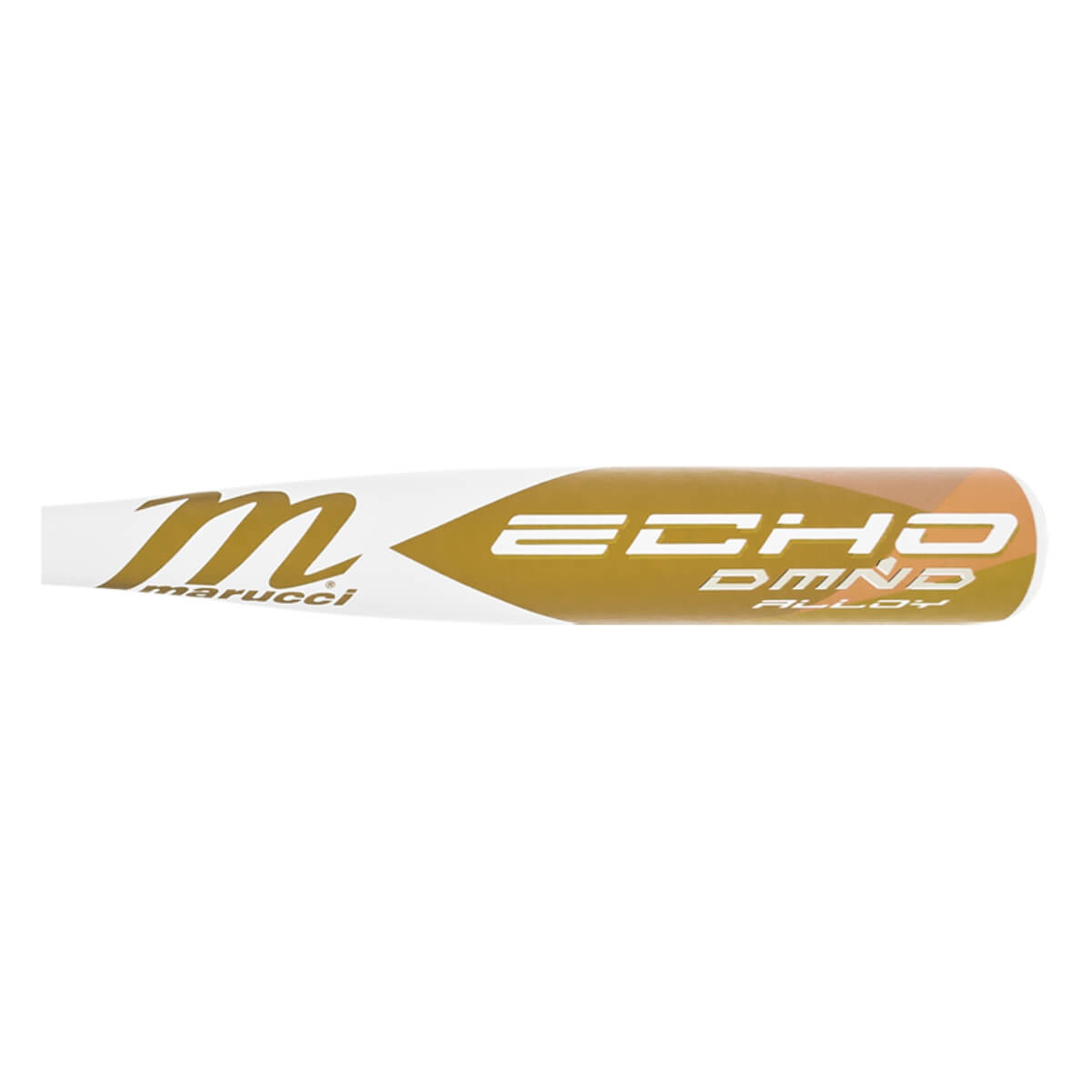 Side view of a white and bronze fastpitch bat barrel with Marucci logo and ECHO DMND ALLOY text.