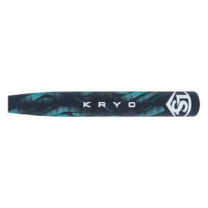 Close-up side view of the bat barrel featuring white KRYO text and an LS logo over a dark background with teal geometric patterns.