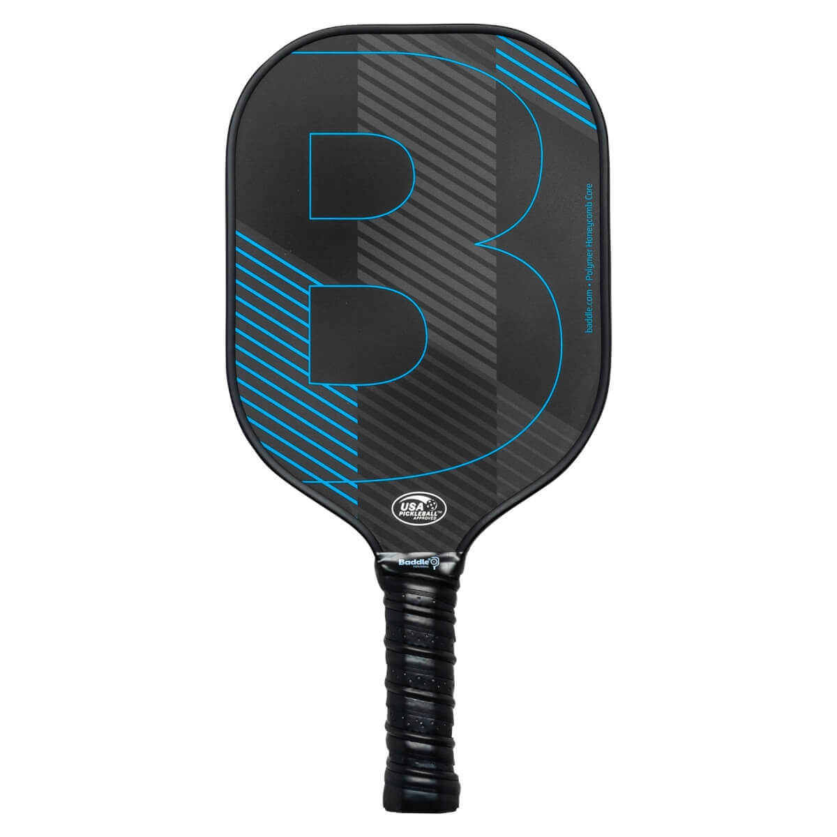 Front view of a black pickleball paddle with a large blue B logo and diagonal blue lines.