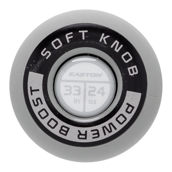 Bottom view of the grey bat knob featuring "SOFT KNOB" and "POWER BOOST" text surrounding a white center circle with "EASTON 33 in 24 oz."