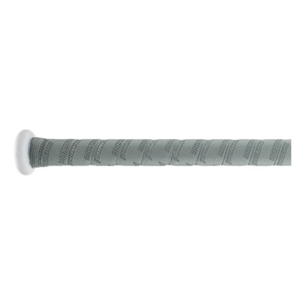 Side view of a gray baseball bat grip with repeating Marucci text and a white end cap.