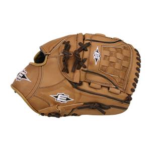 Side view of a tan baseball glove with a woven pocket and white Easton logos.